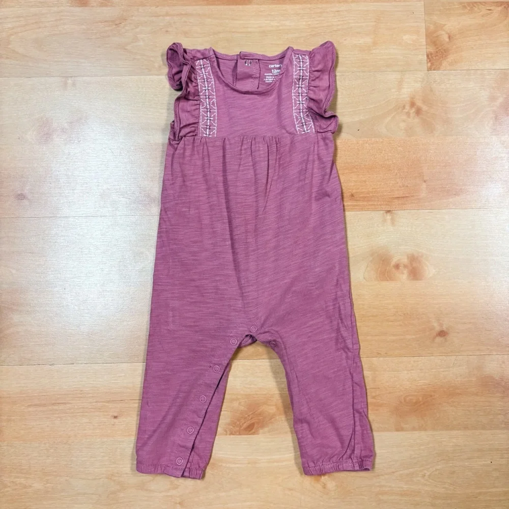 Carters Pink/Mauve Boho Ruffle Sleeve Embroidered Jumpsuit Size 12M